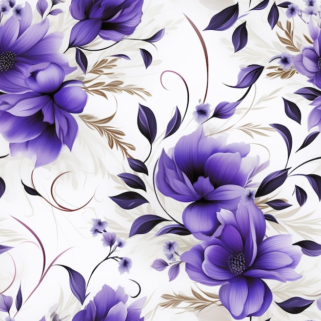 Seamless pattern Purple flowers and leaves swirling isolated on a white background minimalist designs water color AI generated