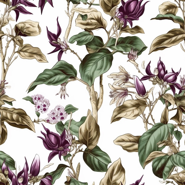 A seamless pattern of purple flowers and leaves with the word chinese on them.