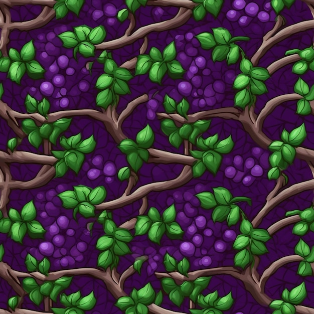 Photo a seamless pattern of purple grapes and green leaves generative ai