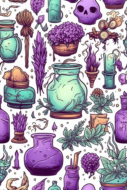 A seamless pattern of purple and green bottles and plants generative ai