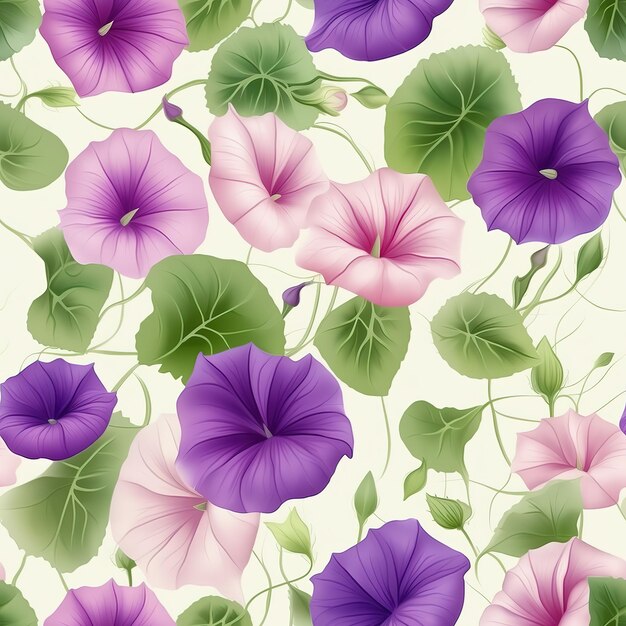 Foto un motivo senza cuciture di fiori viola e verdi con foglie su sfondo bianco.