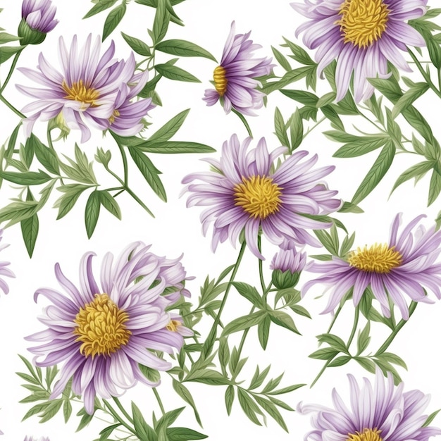 A seamless pattern of purple and white flowers with green leaves on a white background.