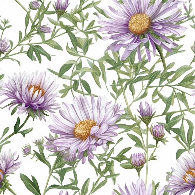 A seamless pattern of purple and white flowers with a green stem and leaves.