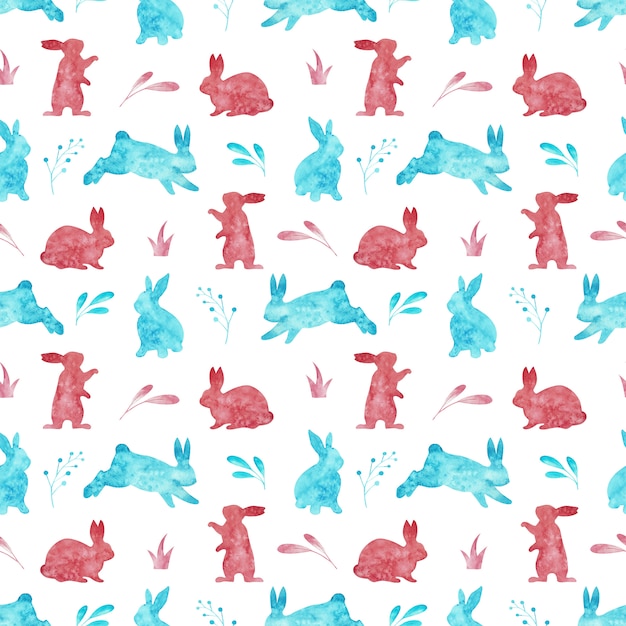 Photo seamless pattern of rabbits isolated on white background. watercolor easter illustration.