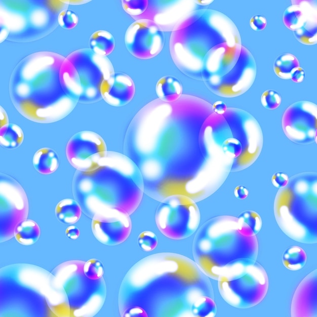 Seamless pattern of rainbow soap bubbles on light blue background