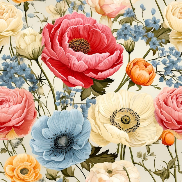 Seamless pattern ranunculus flowers vintage style water color design multiple sizes ai generated