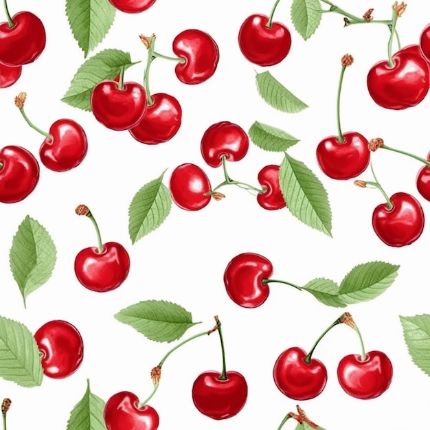 seamless pattern of red cherries with green leaves on a white background generative ai