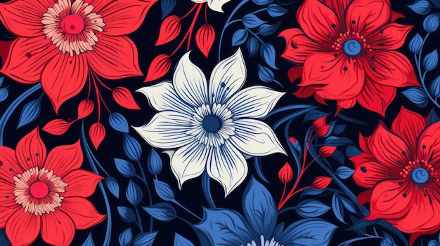 A seamless pattern of red flowers and leaves.