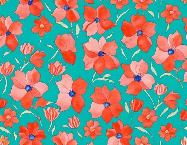 A seamless pattern of red flowers with blue leaves and a blue background.