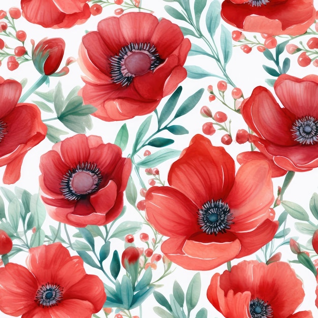 A seamless pattern of red flowers with the words poppies on the white background.