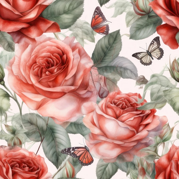 A seamless pattern of red roses with butterflies and butterflies on a white background.