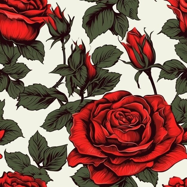 A seamless pattern of red roses with green leaves on a beige background.