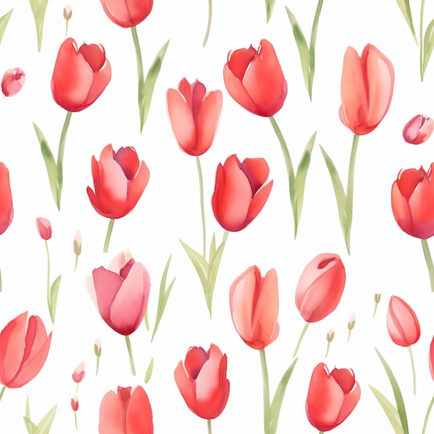 A seamless pattern of red tulips with green leaves on a white background.