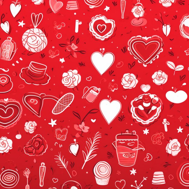 Seamless pattern of red and white doodles and hearts on a red background generative ai