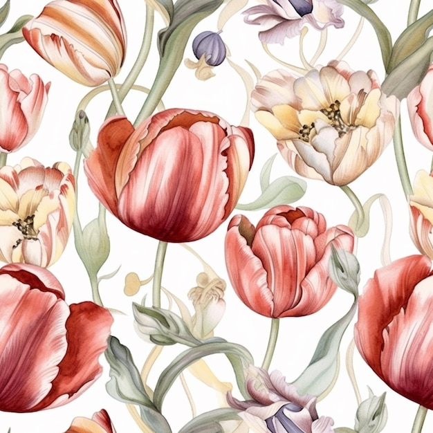 A seamless pattern of red and white tulips with green leaves and flowers
