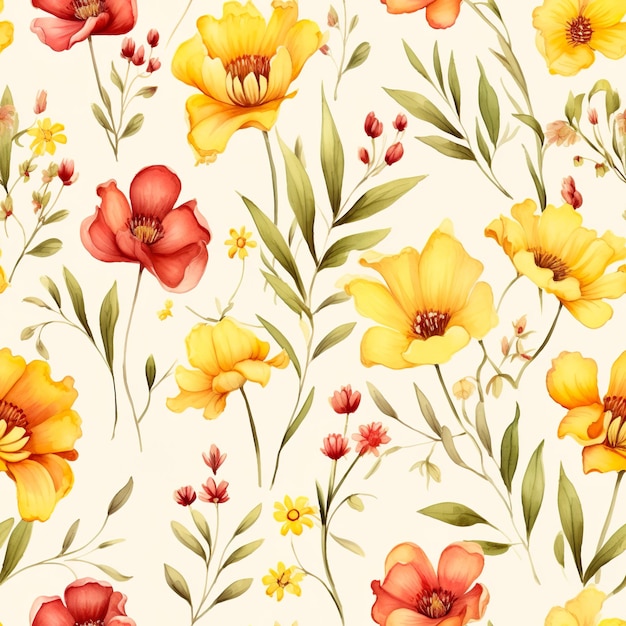 Seamless pattern of red and yellow flowers