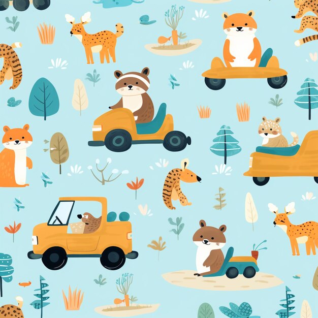 seamless pattern of road car with animal vector illustration