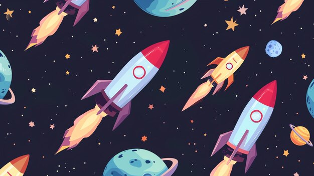 A seamless pattern of rockets launching into space