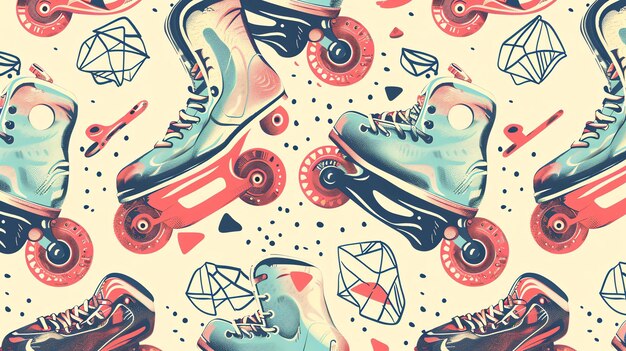 A seamless pattern of roller skates and geometric shapes The skates are in a variety of colors including blue pink and yellow