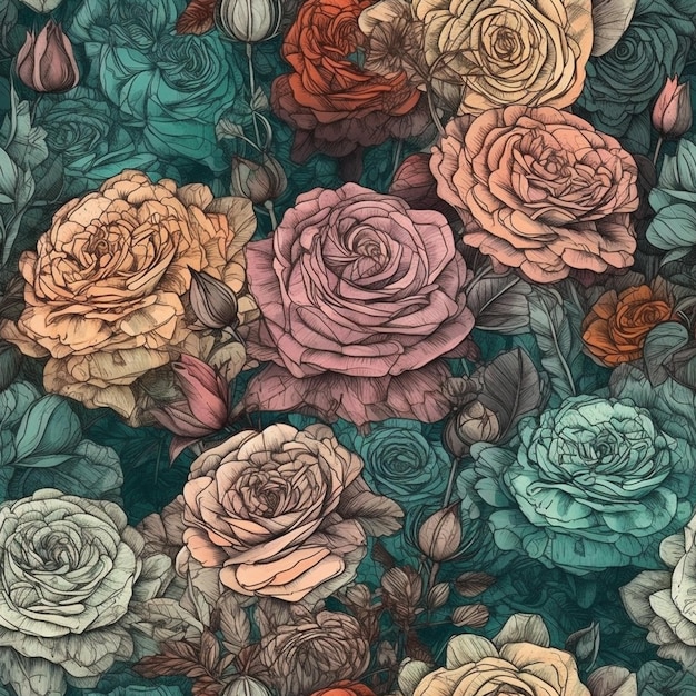 A seamless pattern of roses with a green background.