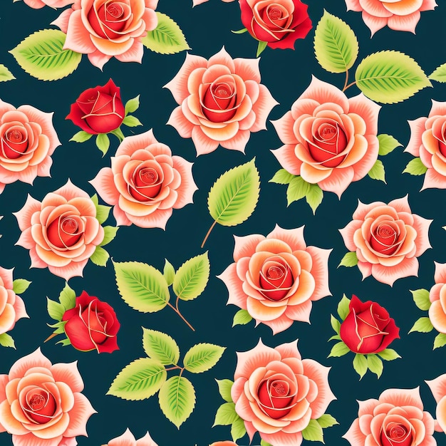 A seamless pattern of roses with green leaves on a dark blue background.