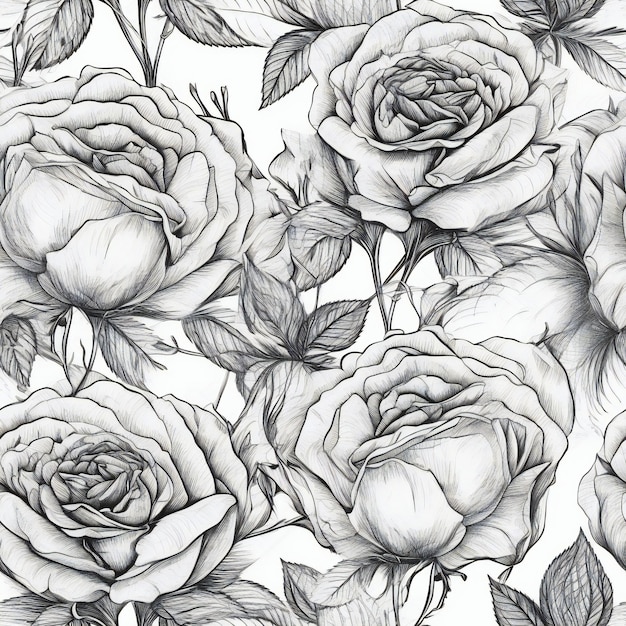 A seamless pattern of roses with leaves and flowers.