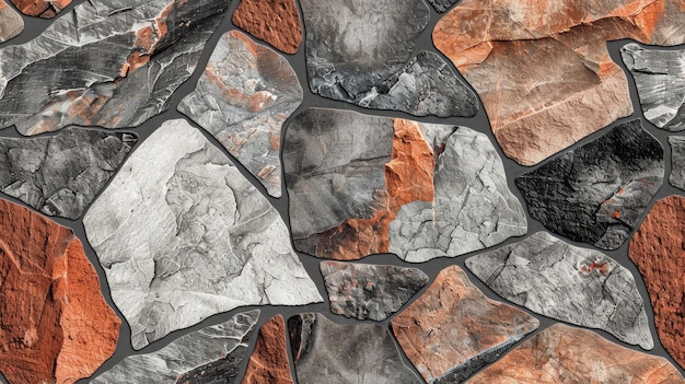 Seamless pattern of rugged grey rocks with rusty patches creating a natural weathered stone texture