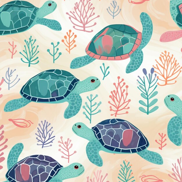 Photo seamless pattern of sea turtles and corals on a white background generative ai