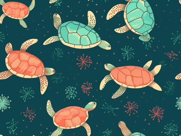 Photo seamless pattern of sea turtles in a seaweed field generative ai