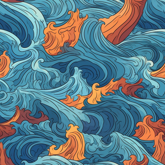 seamless pattern of a sea with waves and fish generative ai