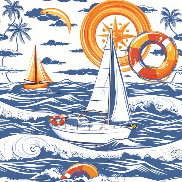 Seamless pattern of the sea yachts and the sun Summer concept