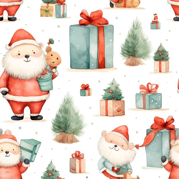 Seamless pattern Set of Cute cartoon Christmas vintage watercolor design AI generated