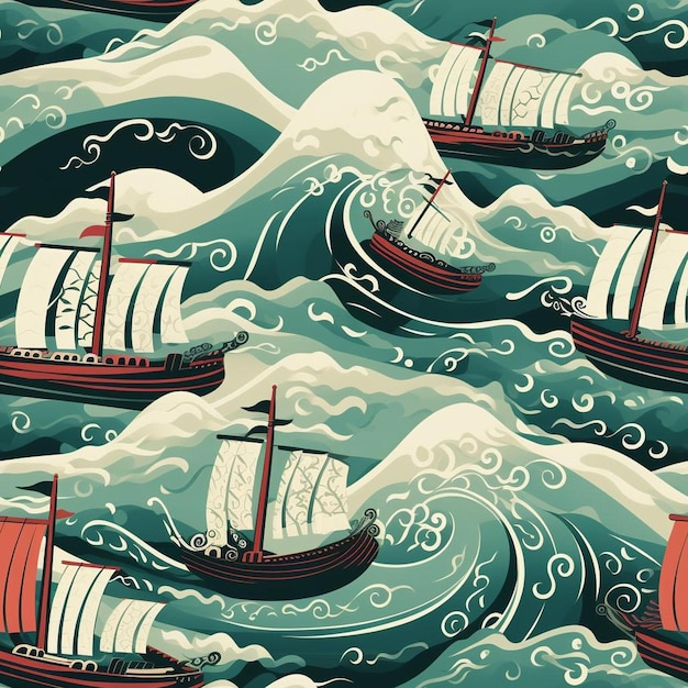 A seamless pattern of ships in the sea.