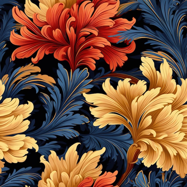 Seamless pattern silk colorful floral flowers pattern in folk style with flowers leaves Background