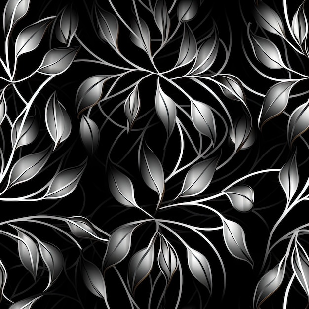 seamless pattern silver floral vine pattern in kirigami style on black background