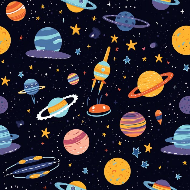 Photo seamless pattern sky filled with planets and stars