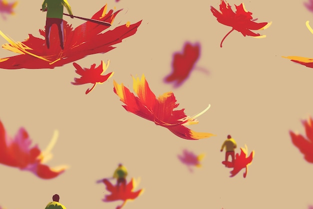 Photo seamless pattern of small men on maple leaves,autumn cocept,illustration painting