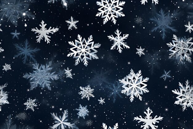 Seamless pattern of snowflakes on dark blue background neural network generated