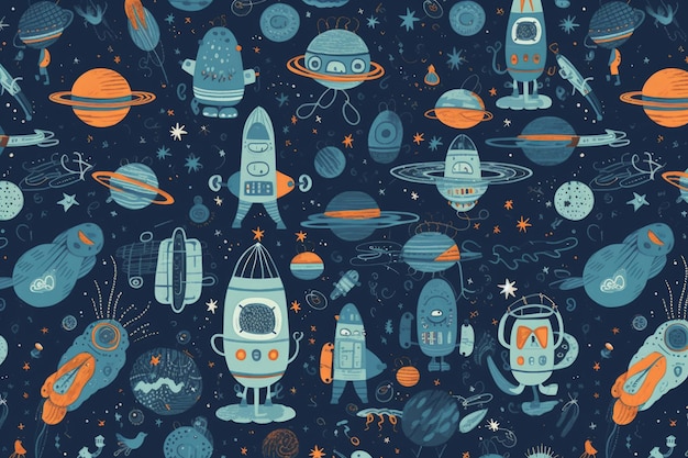 A seamless pattern of space rockets and planets.