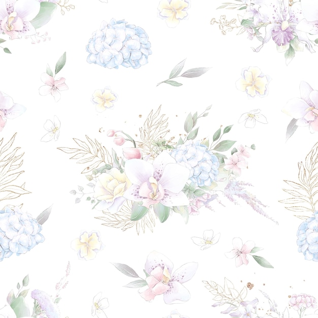 Seamless pattern. Spring delicate orchid flowers. Digital printing.