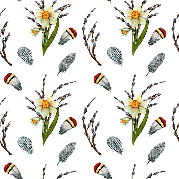 Seamless pattern Spring watercolor flowers daffodils branches willow and feather Spring botanical print