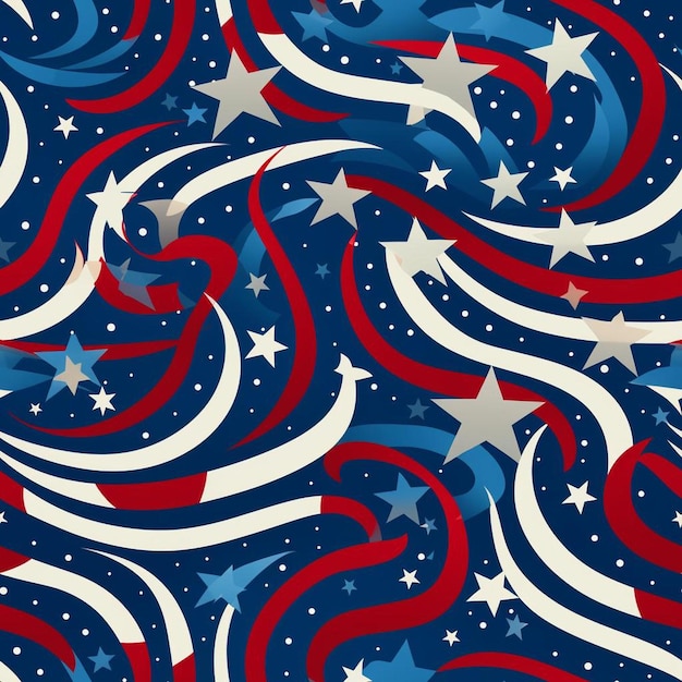 바닥에 "애국적"이라는 단어가 있는 별과 별의 매끄러운 패턴입니다.