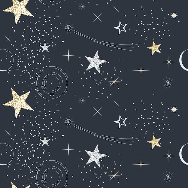 seamless pattern of stars of various shapes in gold silver and gray colors on a dark background