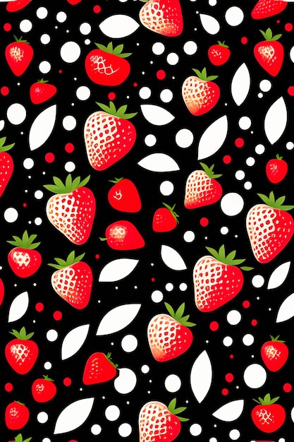 A seamless pattern of strawberries on a black background.