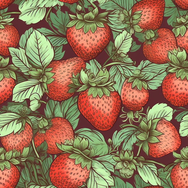 A seamless pattern of strawberries with leaves on a dark background.