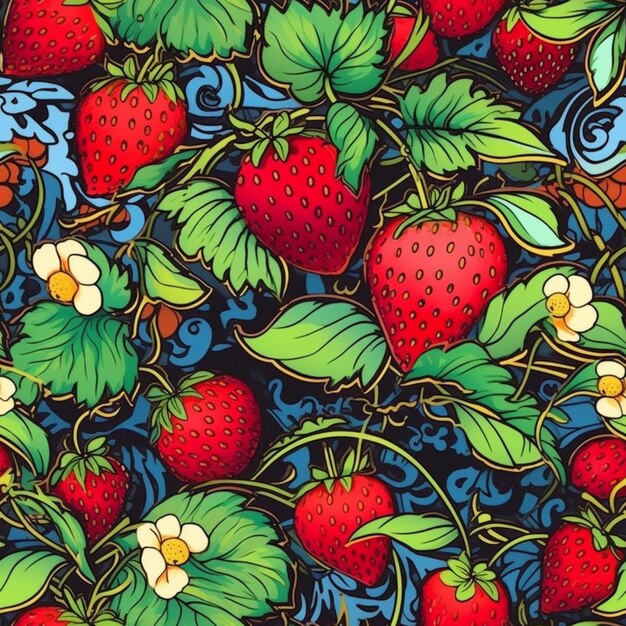 A seamless pattern of strawberries with leaves and flowers