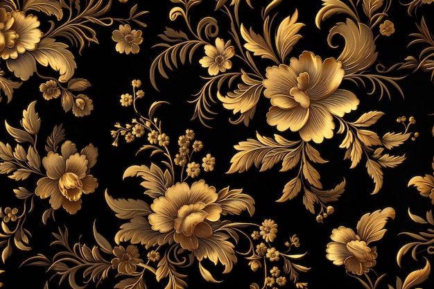 검은색 바탕에 금색 꽃을 그린 바로크 양식의 원활한 패턴