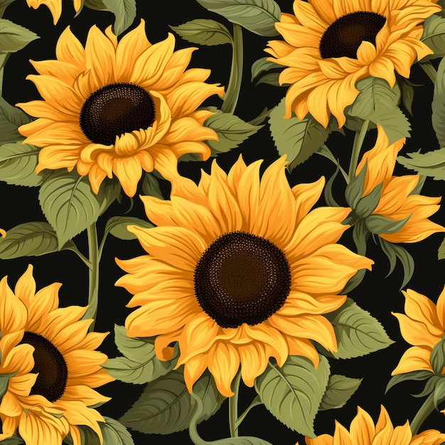 Seamless pattern of sunflowers on a black background generative ai