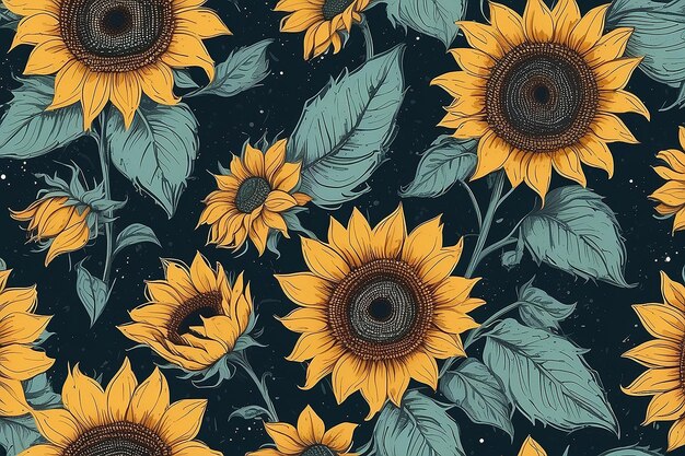 Seamless pattern sunflowers dark background beautiful texture with line sunflower random floral template in doodle style for fabric design vector illustration