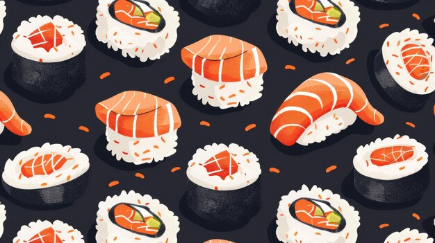 Seamless pattern for sushi Japanese rolls endless background texture Repeating pattern for textile wrapping package or decoration Printable flat modern icon